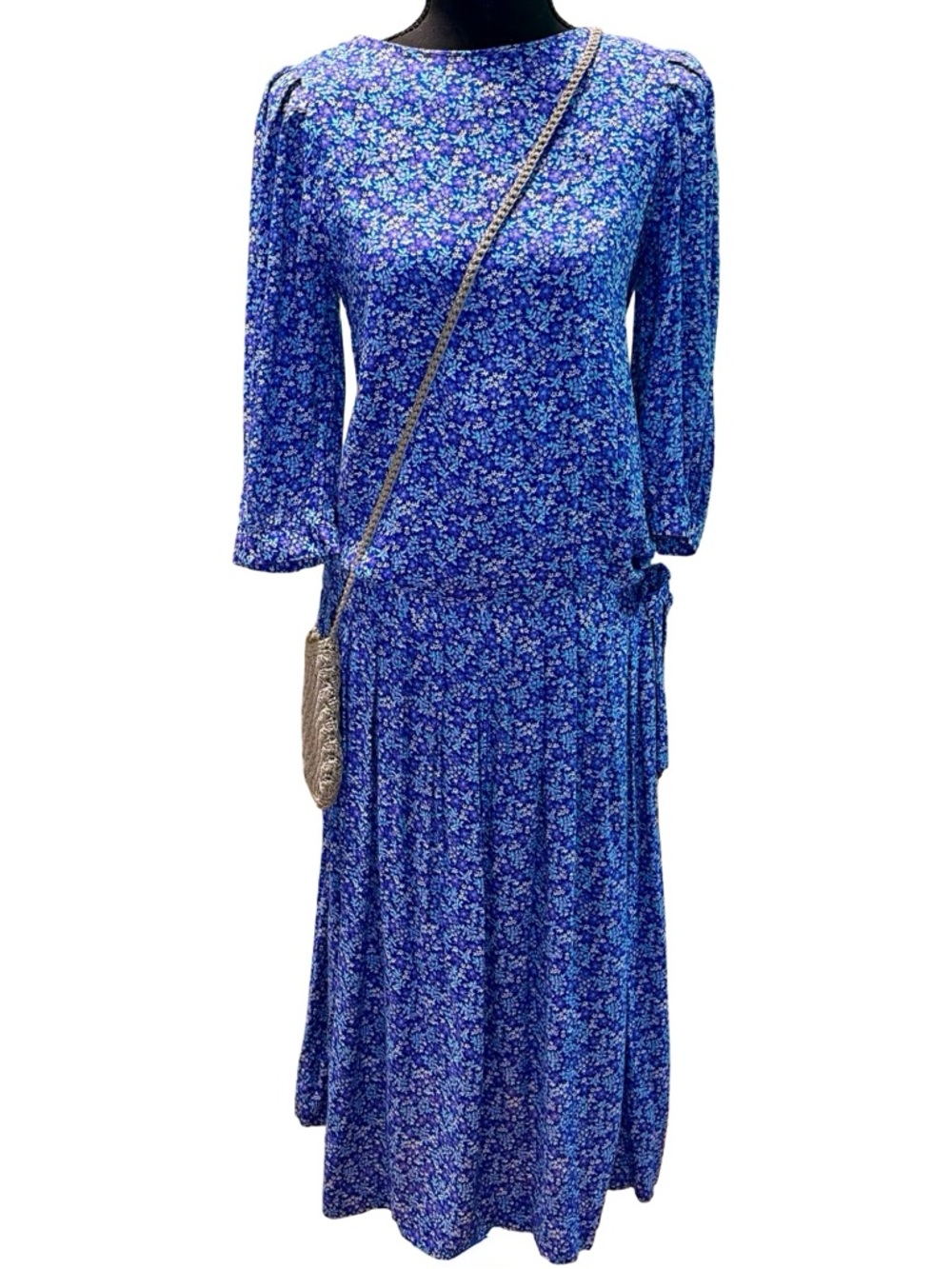 Belle France Jane Schaffhausen Blue Floral Drop Waist Dress Size 6 Vintage 1980s